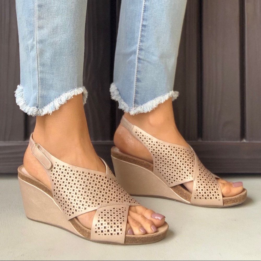 Gold Criss Cross Leather Straps Cork Wedge Sandal - Picture 3 of 7